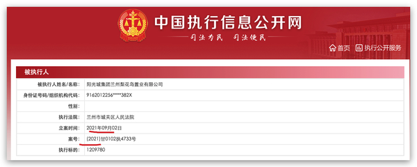 陽光城集團蘭州梨花島置業被列為被執行人，執行標的約121萬元